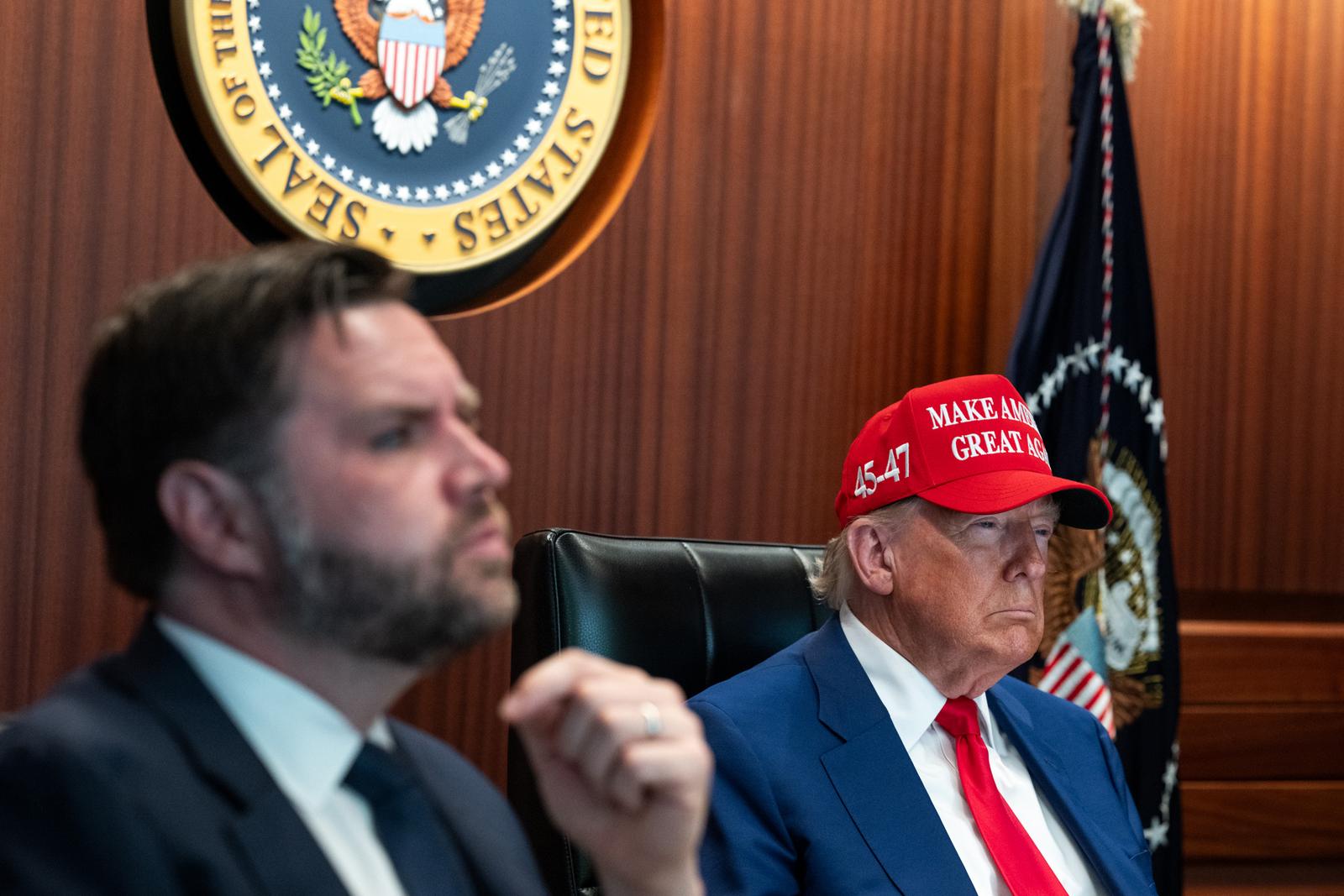 Vice President JD Vance and President Donald Trump in the Situation Room of the White House in Washington, DC, on Saturday, June 21, 2025, as U.S. bombers executed strikes on the Islamic Republic of Iran's nuclear infrastructure. The United States targeted the Fordow, Natanz, and Esfahan facilities, with Trump saying they were "completely and totally obliterated" in a post on Truth Social. Photo via The White House/UPI Photo via Newscom Photo: THE WHITE HOUSE/NEWSCOM