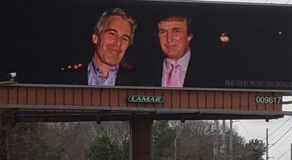 Electronic billboards featuring the images of Donald Trump and late sex trafficker Jeffrey Epstein have appeared in Fayetteville, North Carolina. (Photo by Myron B. Pitts / USA TODAY NETWORK / USA TODAY NETWORK via Imagn Images/Sipa USA) Photo: USA TODAY/SIPA USA