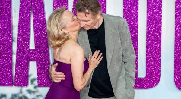 Pamela Anderson and Liam Neeson attends The Naked Gun UK Premiere at Cineworld Leicester Square in London, England. UK. Tuesday 22nd July 2025. Copyright: xJamesxWarrenx ady87238