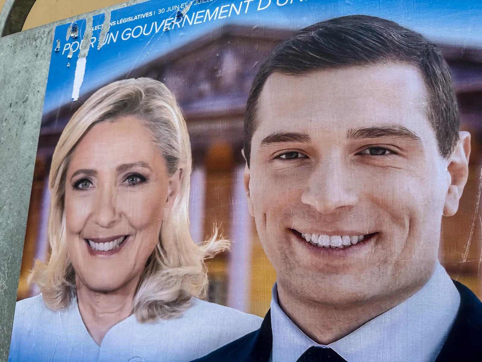 FRANCE. CORSE-DU-SUD (2A) AJACCIO. ELECTION SIGNS BEFORE THE 1ST ROUND OF THE LEGISLATIVE ELECTIONS ON 30 JUNE 2024. JORDAN BARDELLA, RECENTLY ELECTED EUROPEAN DEPUTY AND PRESIDENT OF THE RASSEMBLEMENT NATIONAL SINCE 2021, IS THE OFFICIAL CANDIDATE OF THE RASSEMBLEMENT NATIONAL. HE IS BACKED BY MARINE LE PEN, PRESIDENT OF THE RASSEMBLEMENT NATIONAL GROUP IN THE NATIONAL ASSEMBLY, AND A LEADING FIGURE IN THE RASSEMBLEMENT NATIONAL PARTY. Photo by Stephane Frances/Only France/ABACAPRESS.COM Photo: Frances Stephane/Only France/ABACA/ABACA