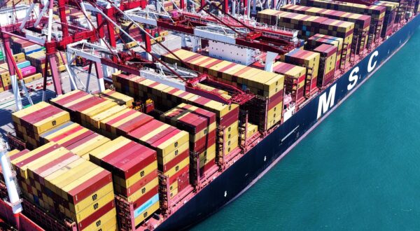 QINGDAO, CHINA - JULY 5, 2025 - A cargo ship is loading and unloading foreign trade containers at Qingdao Port in Qingdao City, Shandong Province, China on July 5, 2025. (Photo by CFOTO/Sipa USA) Photo: Costfoto/SIPA USA