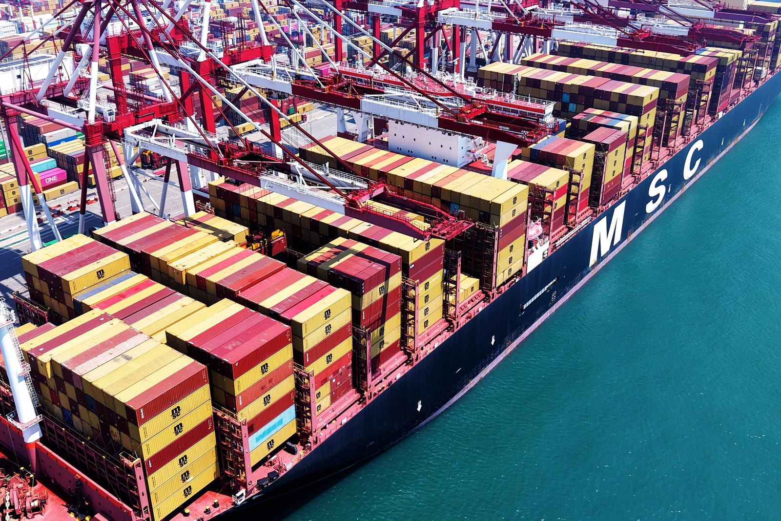 QINGDAO, CHINA - JULY 5, 2025 - A cargo ship is loading and unloading foreign trade containers at Qingdao Port in Qingdao City, Shandong Province, China on July 5, 2025. (Photo by CFOTO/Sipa USA) Photo: Costfoto/SIPA USA