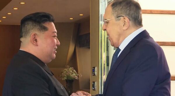 NORTH KOREA, WONSAN - JULY 12, 2025: Kim Jong Un (L), President of North Korea's State Affairs Commission, and Sergei Lavrov, Foreign Minister of Russia, shake hands during a meeting. Video screen grab. Best quality available. Russian Foreign Ministry/TASS/Sipa USA Photo: Tass/SIPA USA