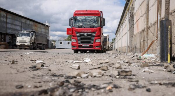 RUSSIA, LUGANSK - MAY 13, 2025: A truck stands outside an asphalt plant damaged by four Ukrainian fixed-wing strike drones, two emergency workers reported dead. Alexander Reka/TASS/Sipa USA Photo: Tass/SIPA USA