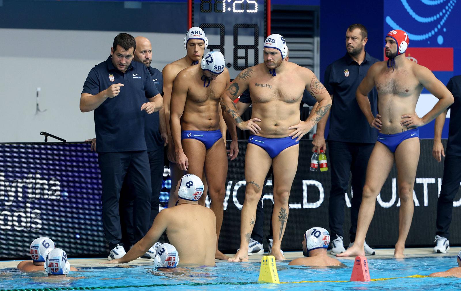 RECORD DATE NOT STATED 12.07.2025 Singapore/Singapur Serbia/Srbija-South Africa/Juzna Afrika men s waterpolo/muski vaterpolo World Aquatics Championships/ svetsko prvenstvo Uros StevanovicL Serbia/ Srbija head coach/ selektor,Milos Ciric2L trener,Nemanja Vico5L,Milos Ostojic6L trener,Radoslav FilipovicR/D :S.Sandic/ Photo: IMAGO/IMAGOSPORT