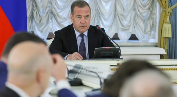 RUSSIA, MOSCOW - JULY 17, 2025: Deputy Chairman of Russias Security Council, Chairman of the United Russia Party, Dmitry Medvedev is seen during a meeting of the Inter-Agency Commission of Russias Security Council. Yekaterina Shtukina/POOL/TASS/Sipa USA Photo: Tass/SIPA USA