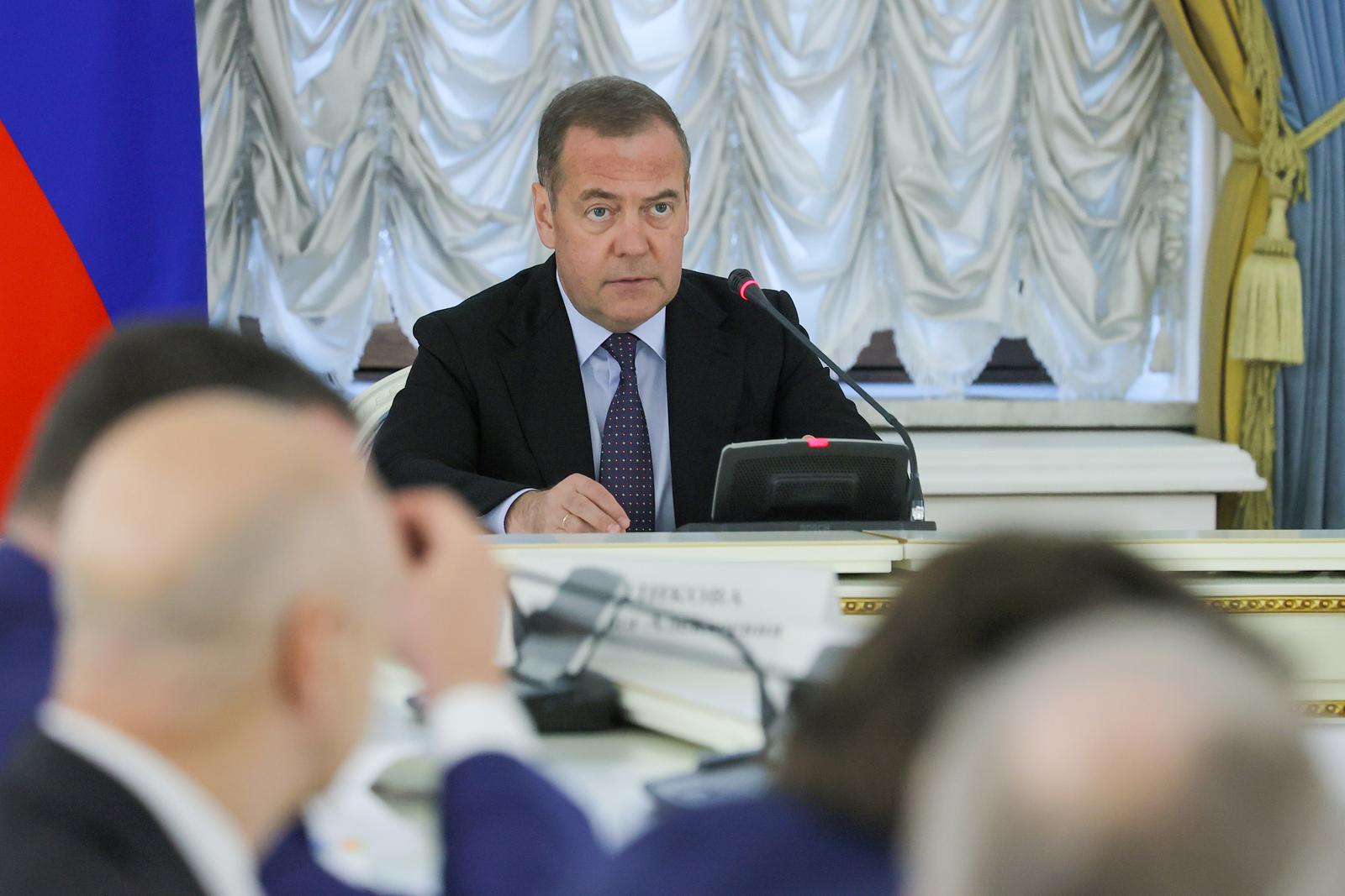 RUSSIA, MOSCOW - JULY 17, 2025: Deputy Chairman of Russias Security Council, Chairman of the United Russia Party, Dmitry Medvedev is seen during a meeting of the Inter-Agency Commission of Russias Security Council. Yekaterina Shtukina/POOL/TASS/Sipa USA Photo: Tass/SIPA USA