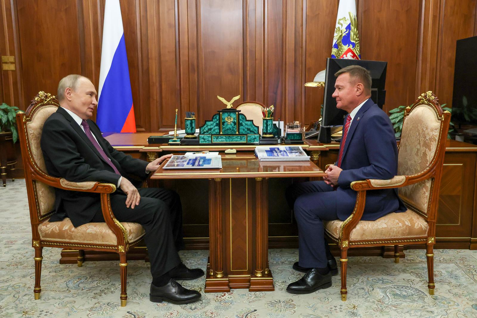 RUSSIA, MOSCOW - JANUARY 30, 2025: Russia's President Vladimir Putin (L) and Russia's Transport Minister Roman Starovoit hold a meeting at the Moscow Kremlin. Gavriil Grigorov/Russian Presidential Press and Information Office/TASS/Sipa USA Photo: Tass/SIPA USA