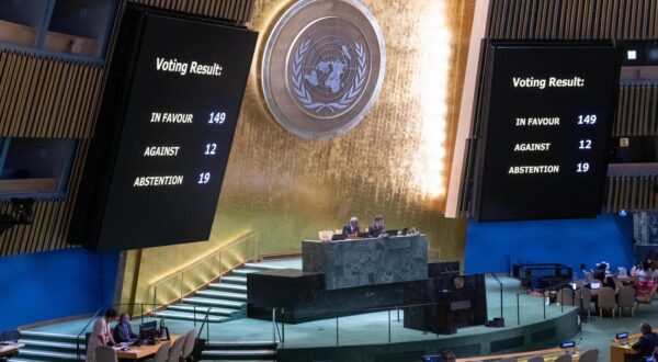 (250612) -- UNITED NATIONS, June 12, 2025 (Xinhua) -- The result of the vote to adopt a resolution demanding an immediate ceasefire in Gaza is shown on the screens during an Emergency Special Session of the General Assembly at the UN headquarters in New York, on June 12, 2025. The General Assembly, at an Emergency Special Session, adopted a resolution on Thursday that demands an immediate ceasefire in Gaza and immediate access to humanitarian assistance at scale. (Eskinder Debebe/UN Photo/Handout via Xinhua) Photo: Eskinder Debebe/UN Photo/XINHUA