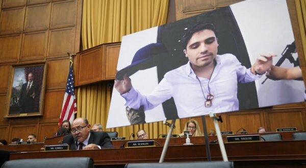Sept. 20, 2023; Washington, D.C., USA - Rep. Lou Correa, (D-CA) showing a photograph of Ovidio Guzman Lopez, a son of former Sinaloa cartel leader Joaquin "El Chapo" Guzmán, who was extradited to the U.S from Mexico, as he questions U.S. Attorney General Merrick Garland testifies before House Judiciary Committee during hearing: Oversight of the U.S. Department of Justice on Sept. 20, 2023 in Washington, D.C.. Mandatory Credit: Jack Gruber-USA TODAY/Sipa USA  Photo: USA TODAY NETWORK/SIPA USA