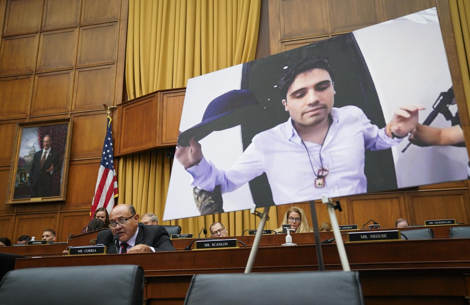 Sept. 20, 2023; Washington, D.C., USA - Rep. Lou Correa, (D-CA) showing a photograph of Ovidio Guzman Lopez, a son of former Sinaloa cartel leader Joaquin "El Chapo" Guzmán, who was extradited to the U.S from Mexico, as he questions U.S. Attorney General Merrick Garland testifies before House Judiciary Committee during hearing: Oversight of the U.S. Department of Justice on Sept. 20, 2023 in Washington, D.C.. Mandatory Credit: Jack Gruber-USA TODAY/Sipa USA  Photo: USA TODAY NETWORK/SIPA USA