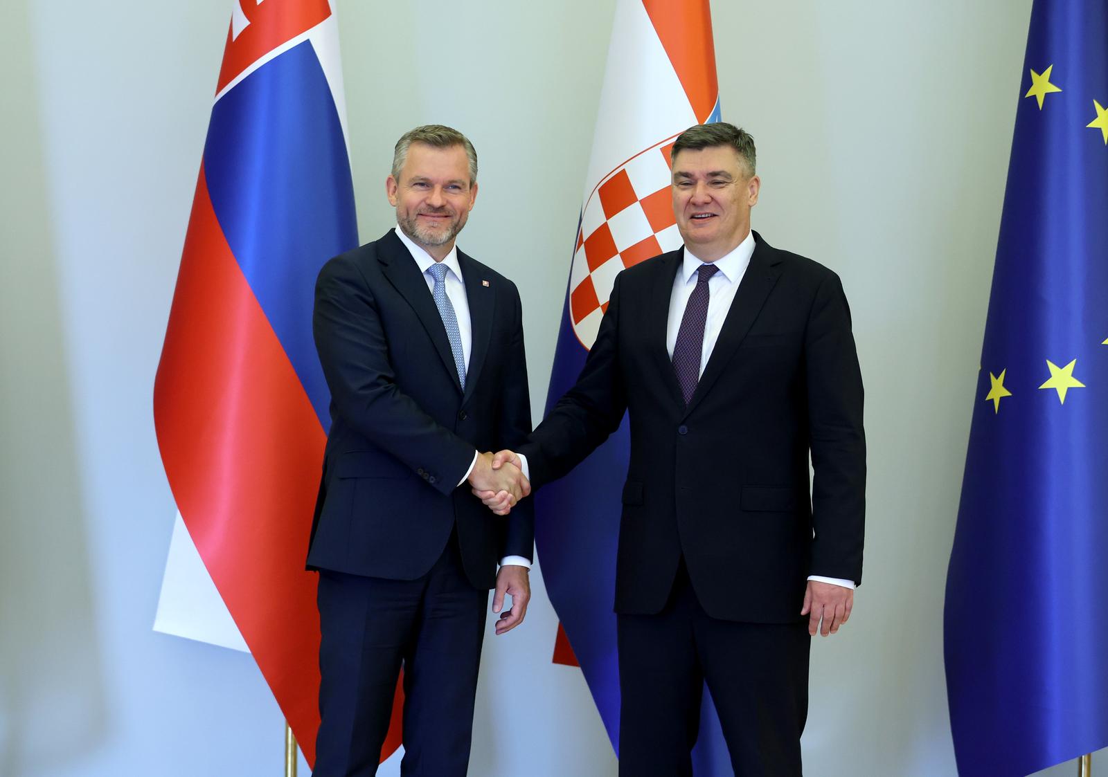 01.07.2025., Zagreb - U Uredu predsjednika Republike Hrvatske odrzan je svecani doceka za predsjednika Slovacke Republike Petera Pellegrinija. predsjednik Slovacke Peter Pellegrinic, predsjednik Hrvatske Zoran Milanovic Photo: Sanjin Strukic/PIXSELL