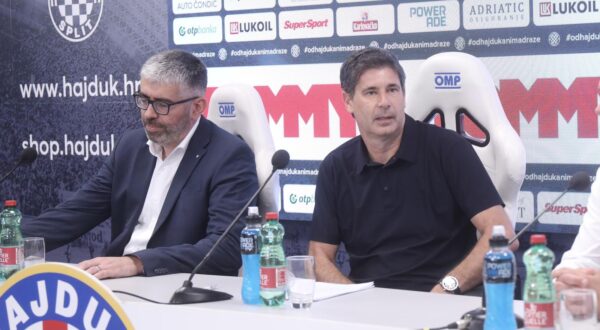 07.07.2025., Split - Predsjednik Uprave HNK Hajduk Ivan Bilic i sportski direktor Goran Vucevic na konferenciji za medije. Photo: Ivo Cagalj/PIXSELL