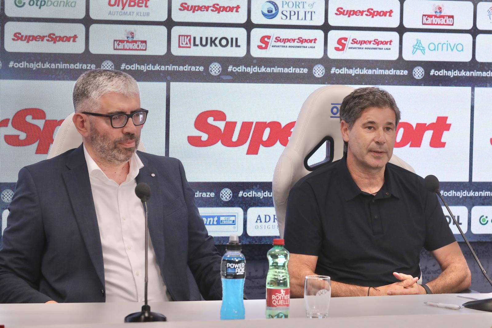 07.07.2025., Split - Predsjednik Uprave HNK Hajduk Ivan Bilic i sportski direktor Goran Vucevic na konferenciji za medije. Photo: Ivo Cagalj/PIXSELL