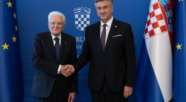 07.07.2025., Zagreb - Predsjednik Vlade Andrej Plenkovic primio je u Banskim dvorima predsjednika Talijanske Republike Sergia Mattarellu. Andrej Plenkovic, Sergio Mattarella.
 Photo: Davor Puklavec/PIXSELL