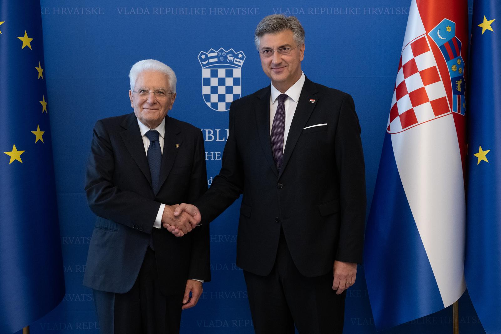 07.07.2025., Zagreb - Predsjednik Vlade Andrej Plenkovic primio je u Banskim dvorima predsjednika Talijanske Republike Sergia Mattarellu. Andrej Plenkovic, Sergio Mattarella.
 Photo: Davor Puklavec/PIXSELL