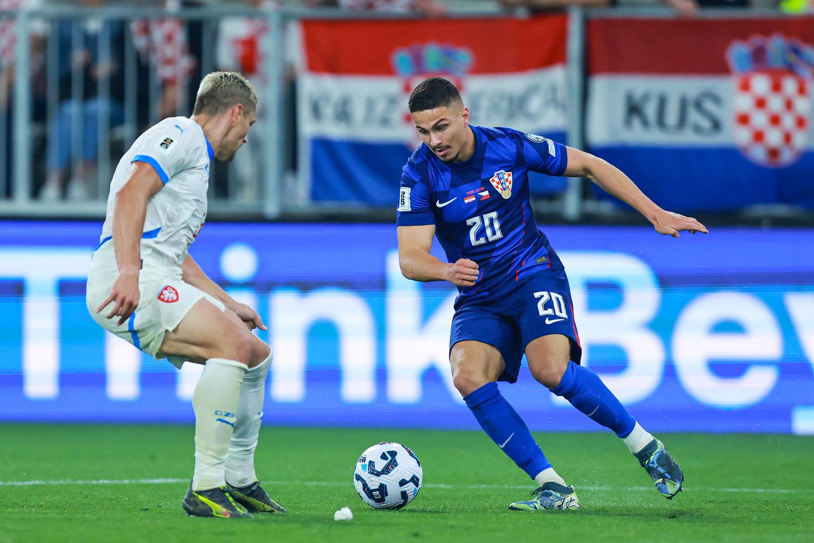 09.06.2025., Opus Arena, Osijek - Kvalifikacije za FIFA Svjetsko nogometno prvenstvo 2026., skupina L, Hrvatska - Ceska. Tomas Holes, Franjo Ivanovic Photo: Davor Javorovic/PIXSELL