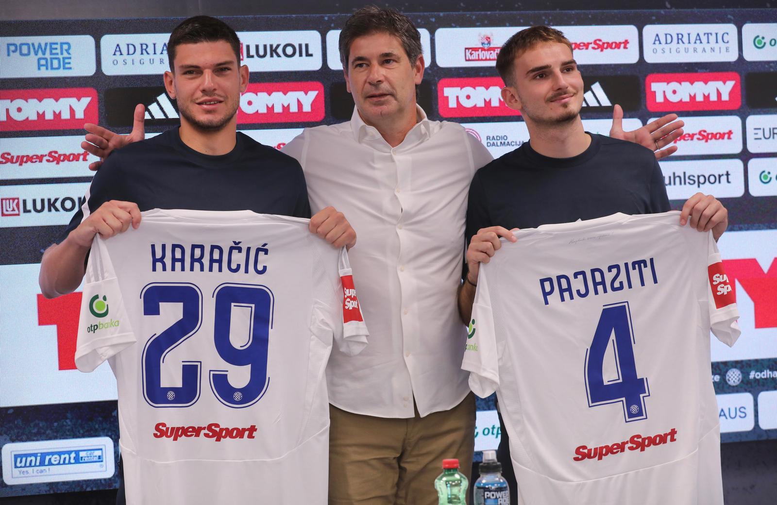09.07.2025., Split - U novinarskom salonu odrzana konferencija za medije na kojoj je sportski direktor Goran Vucevic predstavio nove Hajdukove igrace Frana Kracica  i Adriona Pajazitija.   Photo: Ivo Cagalj/PIXSELL