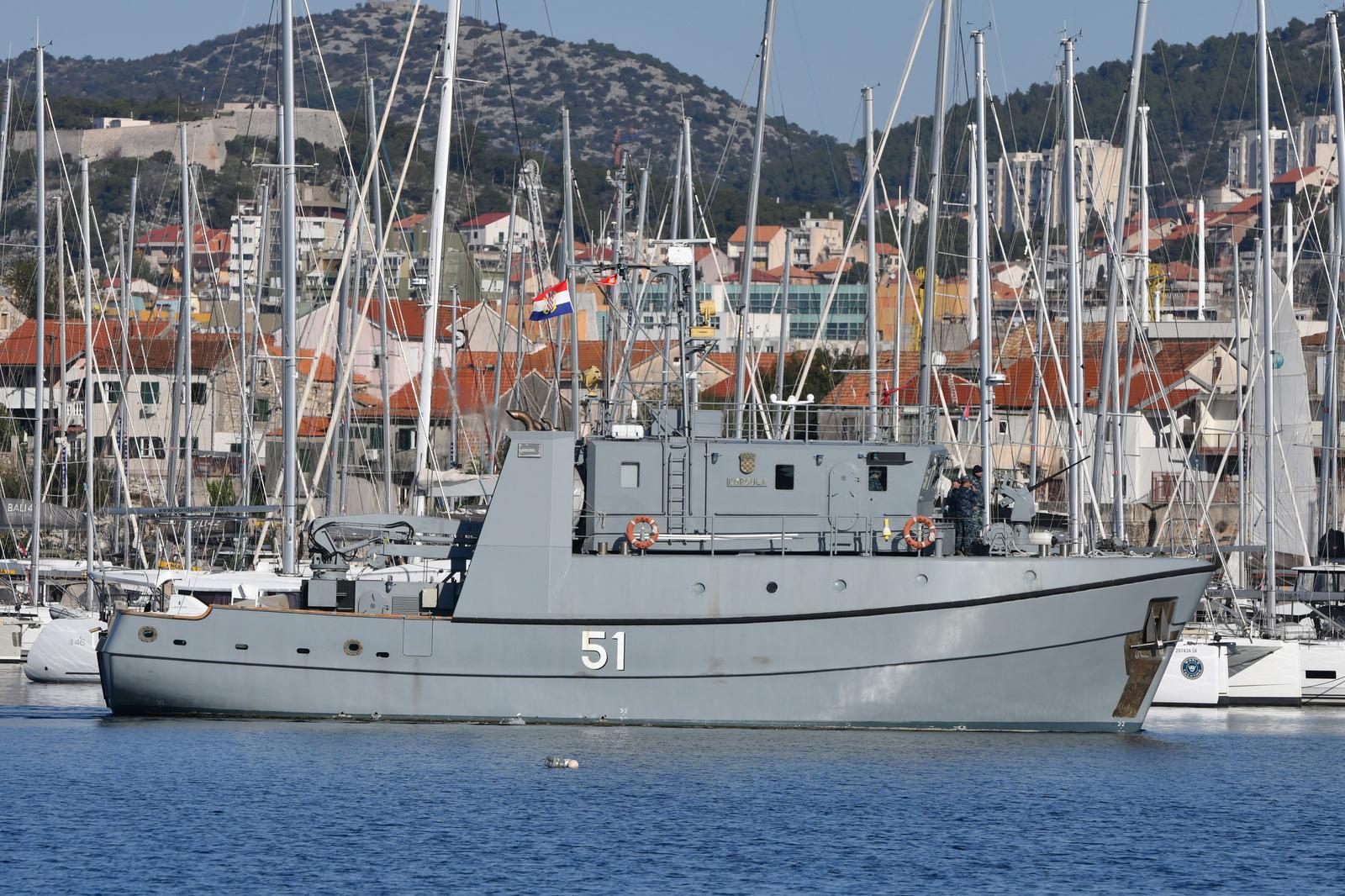 13.11.2024., Sibenik - Ratni brod Hrvatske ratne mornarice LM-51 Korcula. Klasificiran je kao lovac mina (mali protuminski brod). Photo: Hrvoje Jelavic/PIXSELL