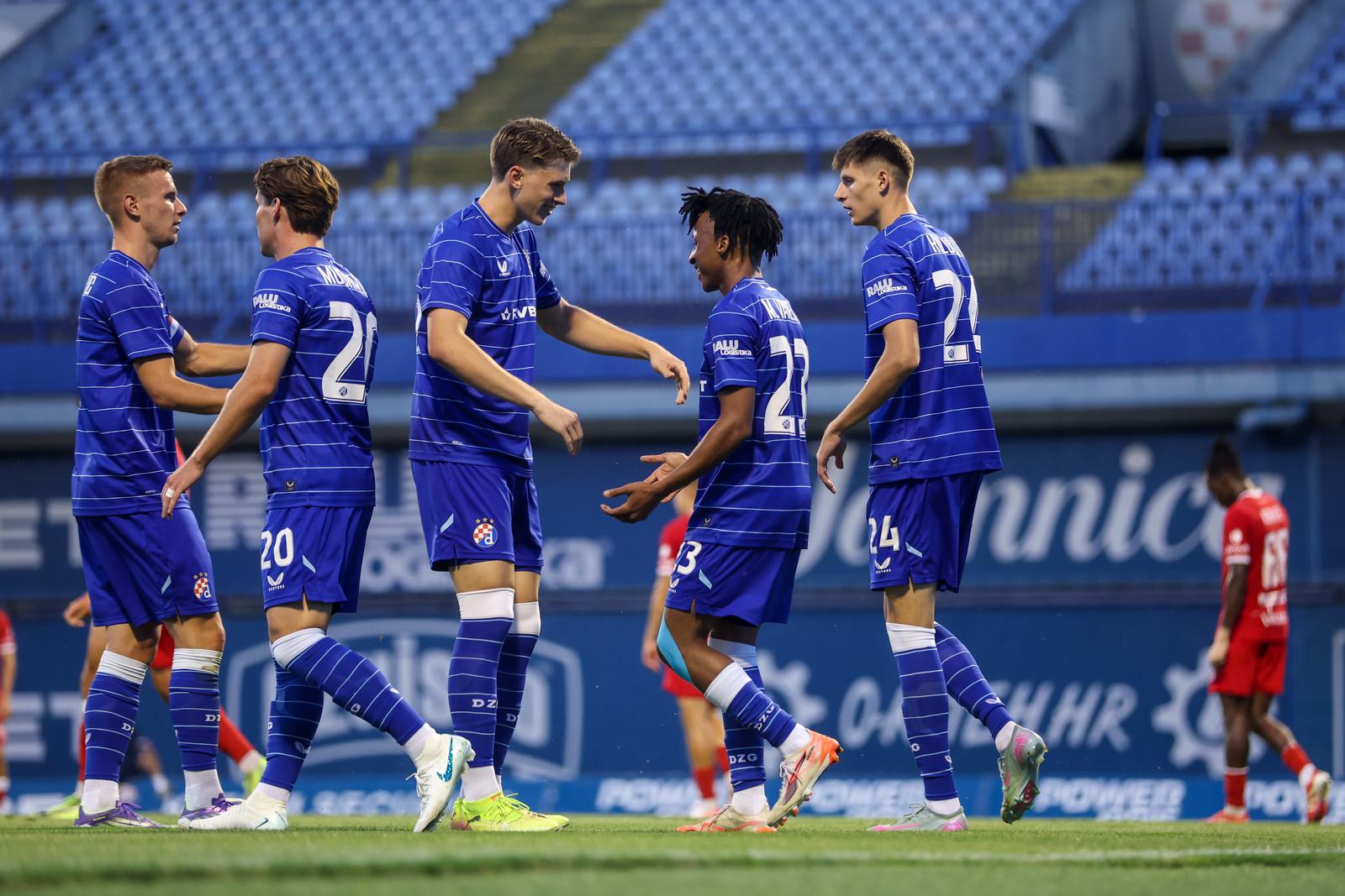 19.07.2025., Zagreb, Stadion Maksimir -Prijateljska utakmica GNK Dinamo Zagreb - FC Kryvbas Kryvyi Rih. Luka Stojkovic, Leon Jakirovic, Cardoso Varela i Lovre Kulusic. Photo: Igor Kralj/PIXSELL