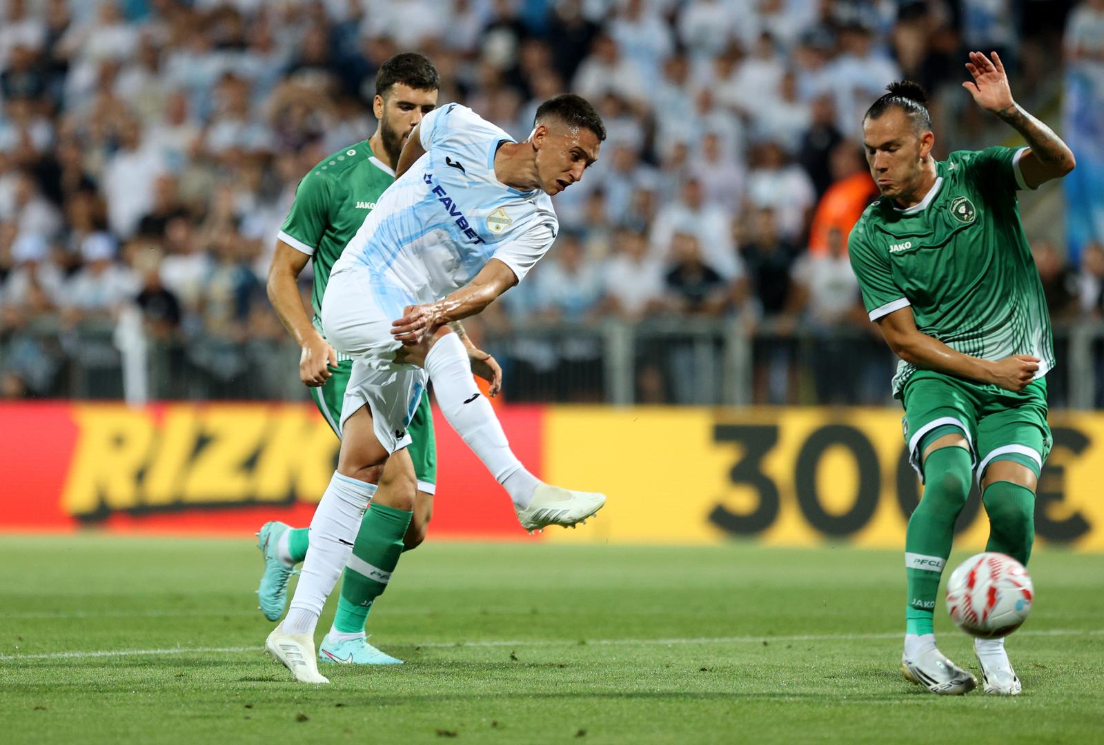 22.07.2025., Rijeka - 2. pretkolo UEFA Lige prvaka HNK Rijeka – PFC Ludogorets Razgrad. Edvin Kurtulus, Luka Menalo Photo: Nel Pavletic/PIXSELL