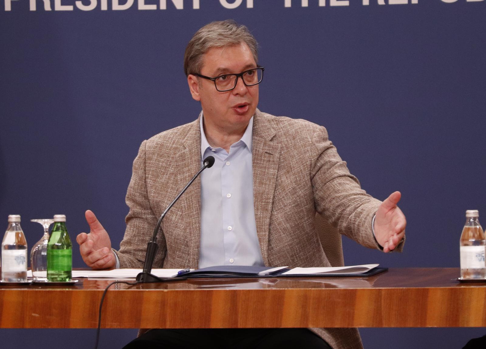 29, June, 2025, Belgrade - The President of the Republic of Serbia, Aleksandar Vucic, addressed the public at the Palace of Serbia regarding the current political situation in the country. Aleksandar Vucic. Photo: M.M./ATAImages

29, jun, 2025, Beograd - Predsednik Republike Srbije Aleksandar Vucic obratio se javnosti u Palati Srbija povodom aktuelne politicke situacije u drzavi. Photo: M.M./ATAImages Photo: M.M./ATAImages/PIXSELL
