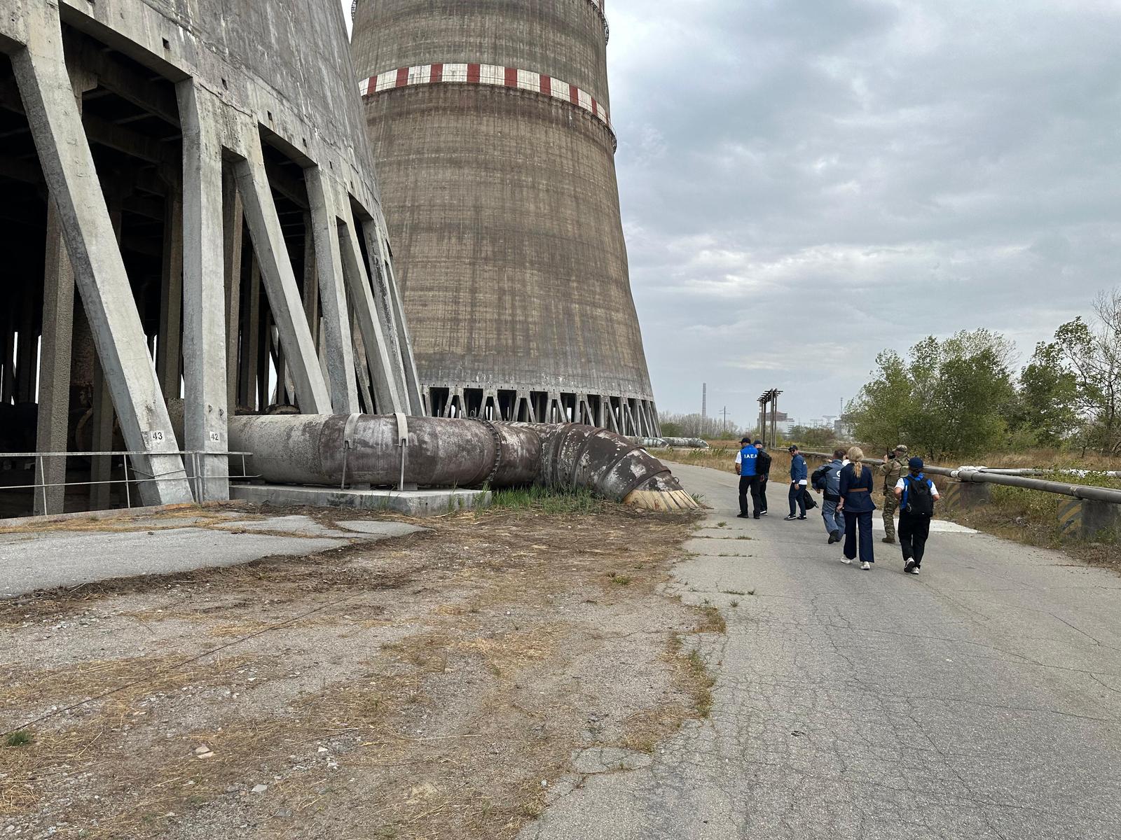 Handout photo shows IAEA Director General Rafael Mariano Grossi together with IAEA experts tours the damage cooling tower at Zaporizhzhya Nuclear Power Plant, Ukraine, Sepember 4, 2024. The head of the U.N.'s nuclear watchdog said a cooling tower at Ukraine's Russian-occupied Zaporizhzhia nuclear power plant had been badly damaged in a fire last month and would probably have to be demolished. Rafael Grossi, Director General of the International Atomic Energy Agency, made the comment on Wednesday during his fifth visit to the plant, which was seized by Russian forces soon after Russia's February 2022 invasion of Ukraine. Moscow and Kyiv have regularly accused each other of attacking the plant and risking a nuclear accident. Photo by IAEA via ABACAPRESS.COM Photo: ABACA/ABACA