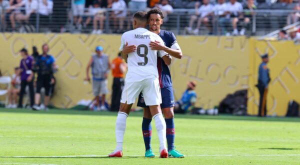 Real Madrid Kylian Mbappe and PSG player Marquinhos on the field at the end of the semi-final FIFA Club World Cup between PSG and Real Madrid at the Metlife Stadium, NJ on July 9, 2025. Photo by Charles Guerin/ABACAPRESS.COM Photo: Guerin Charles/ABACA/ABACA