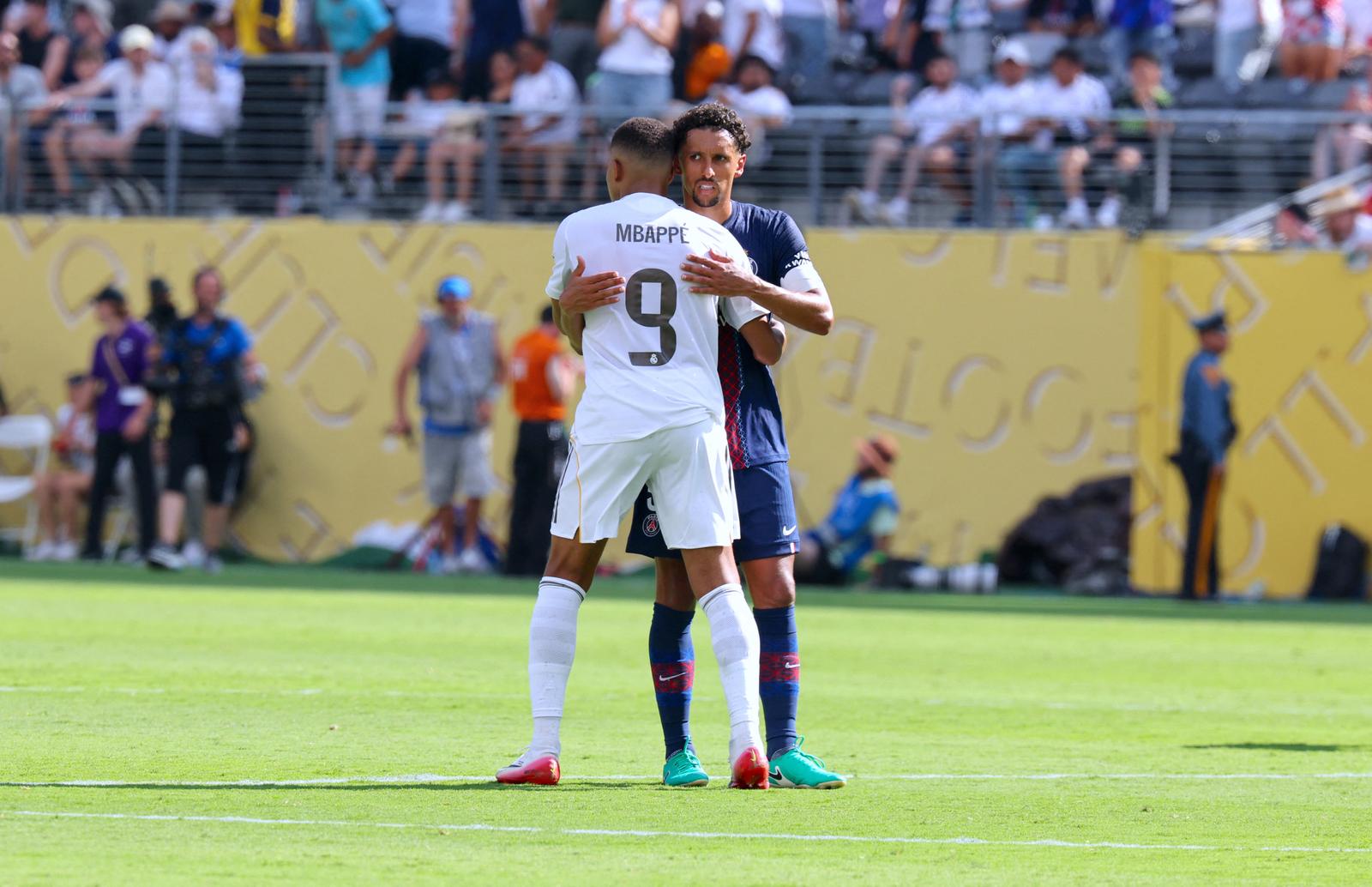 Real Madrid Kylian Mbappe and PSG player Marquinhos on the field at the end of the semi-final FIFA Club World Cup between PSG and Real Madrid at the Metlife Stadium, NJ on July 9, 2025. Photo by Charles Guerin/ABACAPRESS.COM Photo: Guerin Charles/ABACA/ABACA