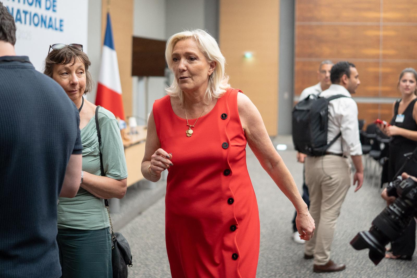 French far-right Rassemblement National's parliamentary group President Marine Le Pen arrive to take part in a 'national unity' convention between the Rassemblement National (RN) party and the Union des droites pour la Republique (UDR) party, at the National Assembly in Paris, France on June 28, 2025. Photo by Alexis Jumeau/ABACAPRESS.COM Photo: Jumeau Alexis/ABACA/ABACA