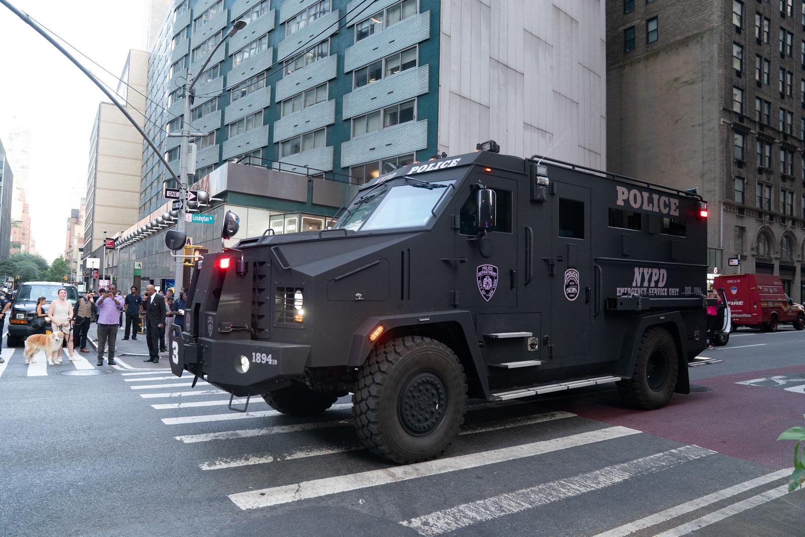 NO FILM, NO VIDEO, NO TV, NO DOCUMENTARY - A New York Police Department Bearcat arrives on the scene of an active shooter in Midtown Manhattan, Monday, June 28, 2025, in New York City. (Photo by Barry Williams/New York Daily News/TNS/ABACAPRESS.COM Photo: New York Daily News/TNS/ABACA/ABACA