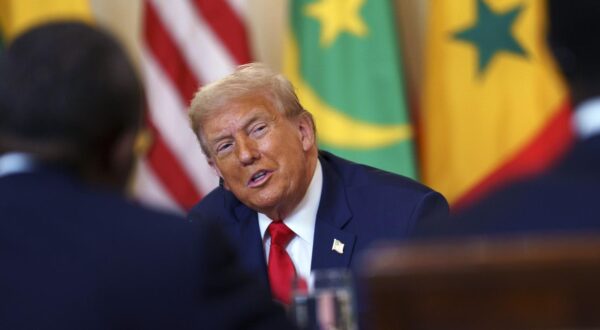 United States President Donald J Trump during a meeting with African leaders at the White House, Washington, DC, USA, 09 July 2025. President Trump is meeting with the leaders of Gabon, Guinea-Bissau, Liberia, Mauritania and Senegal at the White House to discuss trade. Credit: Will Oliver / Pool via CNP