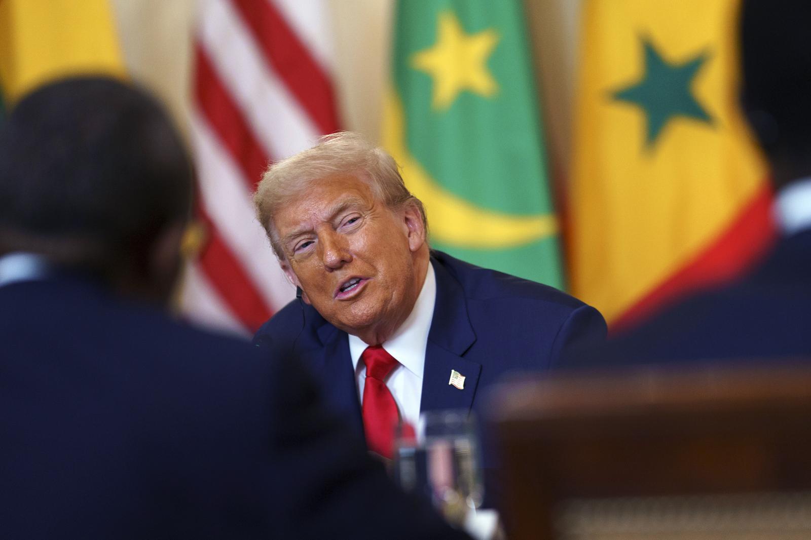 United States President Donald J Trump during a meeting with African leaders at the White House, Washington, DC, USA, 09 July 2025. President Trump is meeting with the leaders of Gabon, Guinea-Bissau, Liberia, Mauritania and Senegal at the White House to discuss trade. Credit: Will Oliver / Pool via CNP