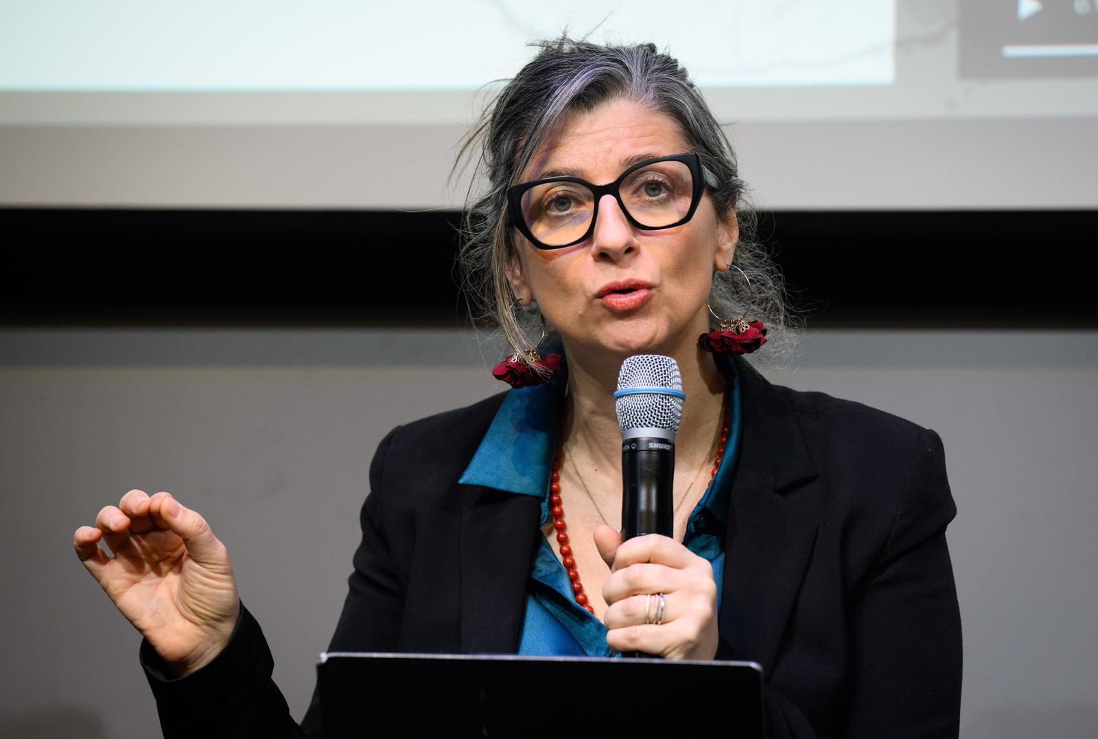 19 February 2025, Berlin: Francesca Albanese, Special Rapporteur of the UN Human Rights Council for the Occupied Palestinian Territories, will be speaking at the event entitled "Conditions of a life to be destroyed. Legal and forensic perspectives on the ongoing Gaza genocide" at "bUm - Raum für solidarisches Miteinander" in Kreuzberg. The event was actually supposed to take place at the FU, but was then canceled by the university management due to "incalculable security risks". Photo: Bernd von Jutrczenka/dpa Photo: Bernd Von Jutrczenka/DPA