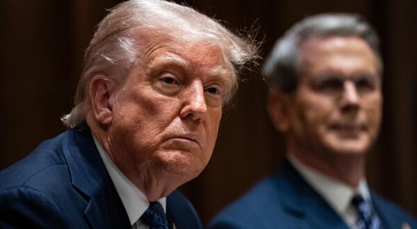 United States President Donald Trump, left, and Scott Bessent, US treasury secretary, during a lunch with Jonas Gahr Store, Norway's prime minister, not pictured, in the cabinet room of the White House in Washington, DC, US, on Thursday, April 24, 2025. The meeting is expected to cover security policy and the war in Ukraine. Credit: Al Drago / Pool via CNP