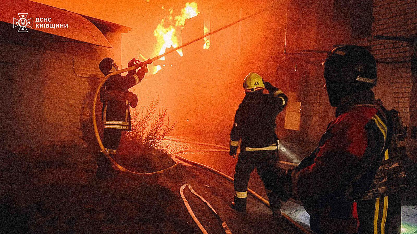 Firefighters working on a fire at a site of a strike following a mass Russian drone and missile attack on the Ukraine's capital Kyiv, amid the Russian invasion of Ukraine on July 4, 2025. Russia launched its largest-ever drone and missile attack on Ukraine overnight on July 4 just hours after a telephone call between US and Russian presidents ended without any breakthrough. Photo by State Emergency Service of Ukraine/UPI Photo via Newscom Photo: State Emergency Service of Ukrai/NEWSCOM
