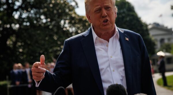 United States President Donald J Trump responds to questions from reporters after walking out of the South Portico of the White House to board Marine One on the South Lawn on July 11, 2025 in Washington, D.C. The President and First Lady are heading to Kerrville, Texas, to meet with local officials and first responders after a deadly flash flood a week ago killed at least 120 people with at least 160 people still missing. 
Credit: Samuel Corum / Pool via CNP/AdMedia Photo: CNP/AdMedia/NEWSCOM