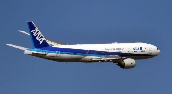 File photo taken on Feb. 4, 2023, shows an All Nippon Airways Boeing 777-200 plane. (Kyodo) ==Kyodo  Photo via Newscom