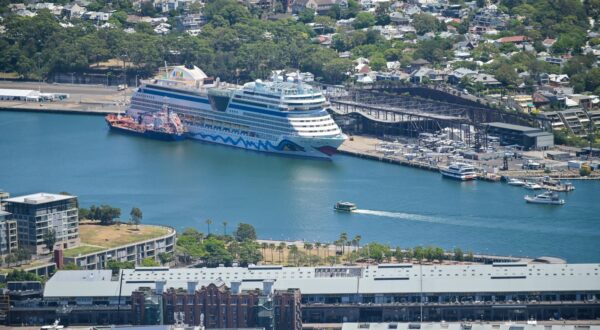 SYDNEY - DEC 29 2024:Aerial landscape view of AIDAsol cruise ship mooring at White Bay Cruise Terminal in Sydney New South Wales, Australia. Photo via Newscom Photo: RAFAEL BEN ARI/NEWSCOM