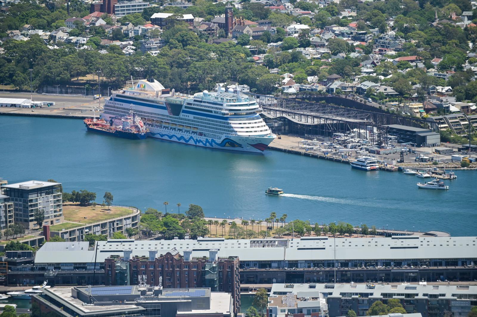 SYDNEY - DEC 29 2024:Aerial landscape view of AIDAsol cruise ship mooring at White Bay Cruise Terminal in Sydney New South Wales, Australia. Photo via Newscom Photo: RAFAEL BEN ARI/NEWSCOM