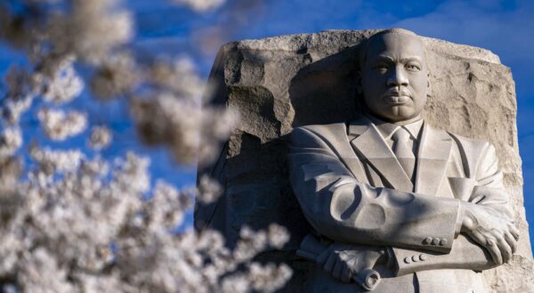 The Martin Luther King Jr. Memorial is seen as cherry blossoms begin to bloom along the Tidal Basin in Washington, DC on Thursday, March 27, 2025. The National Parks Service predicted 2025 peak bloom between March 28 to 31. Photo by Bonnie Cash/UPI Photo via Newscom Photo: BONNIE CASH/NEWSCOM