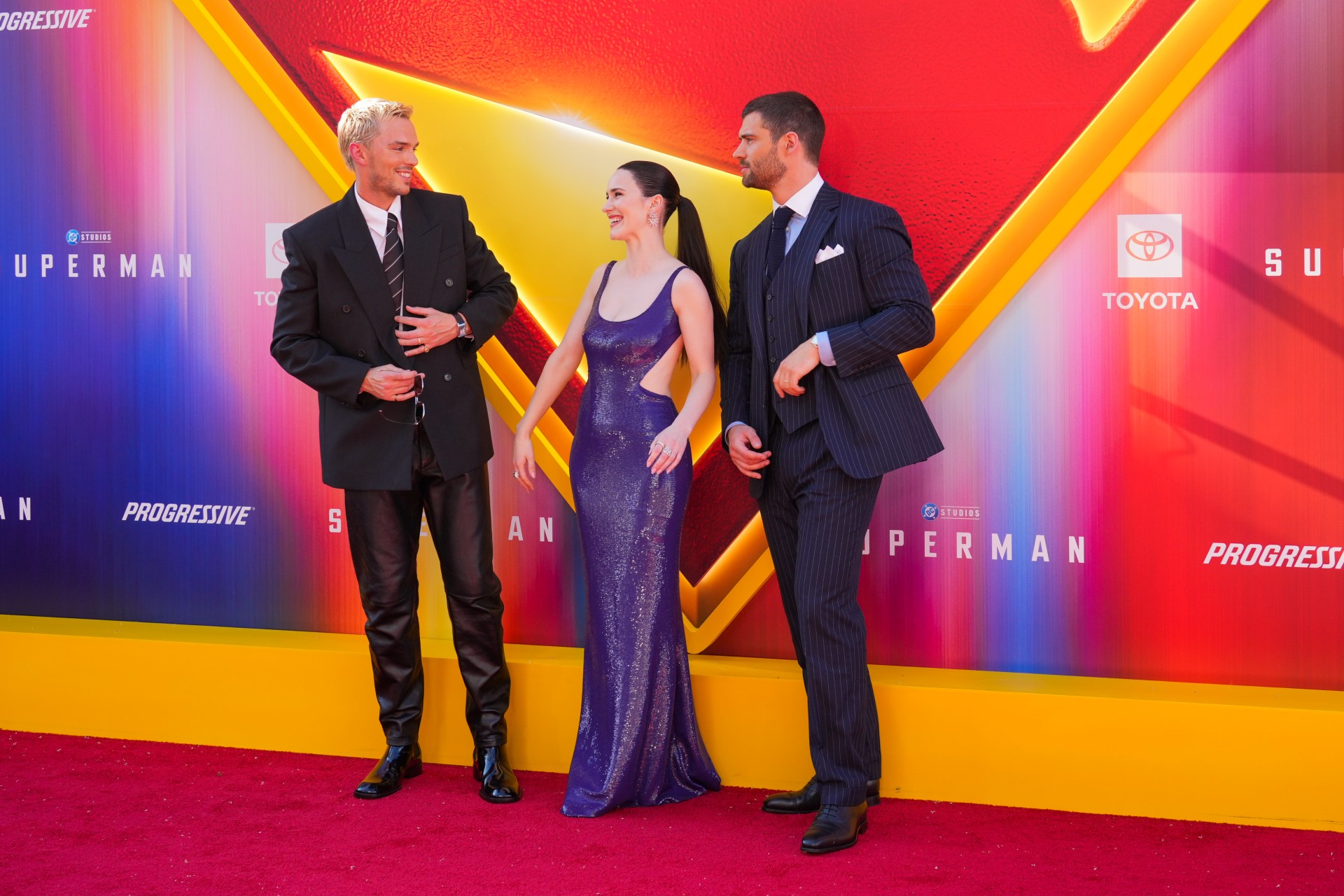 Nicholas Hoult, from left, Rachel Brosnahan, and David Corenswet arrive at the premiere of "Superman" on Monday, July 7, 2025, at TCL Chinese Theatre in Los Angeles. (Photo by Jordan Strauss/Invision/AP) LA Premiere of "Superman"
