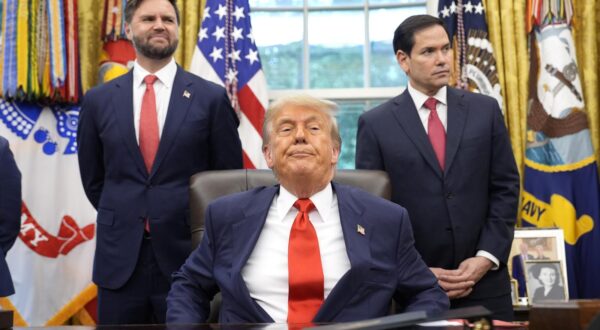 US President Donald Trump with Vice President JD Vance and Secretary of State Marco Rubio participate in a visit with the foreign ministers of Congo and Rwanda in the Oval Office at the White House in Washington on June 27, 2025. 
Credit: Yuri Gripas / Pool via CNP/AdMedia Photo: CNP/AdMedia/NEWSCOM