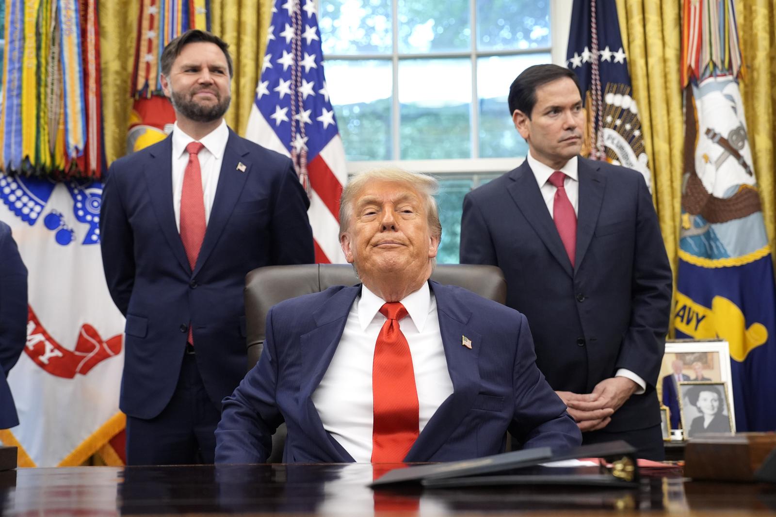 US President Donald Trump with Vice President JD Vance and Secretary of State Marco Rubio participate in a visit with the foreign ministers of Congo and Rwanda in the Oval Office at the White House in Washington on June 27, 2025. 
Credit: Yuri Gripas / Pool via CNP/AdMedia Photo: CNP/AdMedia/NEWSCOM