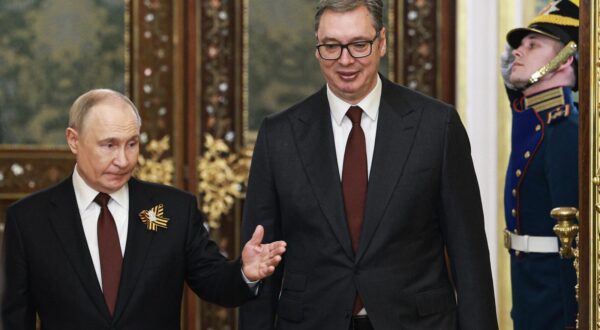 RUSSIA, MOSCOW - MAY 9, 2025: Russia's President Vladimir Putin (L) and Serbia's President Aleksandar Vucic are seen during a meeting. Alexander Shcherbak/TASS/Sipa USA Photo: Tass/SIPA USA