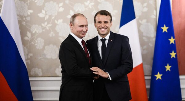 File photo dated June 28, 2019 shows France's President Emmanuel Macron (R) and Russia's President Vladimir Putin attend a bilateral meeting on the sidelines of the G20 Summit in Osaka, Japan. Addressing parliament and other members of the country's elite, Putin, 71, repeated his accusation that the West is bent on weakening Russia, and he suggested Western leaders did not understand how dangerous their meddling could be in what he cast as Russia's own internal affairs. He prefaced his warning with a specific reference to an idea, floated by French President Emmanuel Macron on Monday, of European NATO members sending ground troops to Ukraine, a suggestion that was quickly rejected by the United States, Germany, Britain and others. Photo by Eliot Blondet/ABACAPRESS.COM Photo: Blondet Eliot/ABACA/ABACA