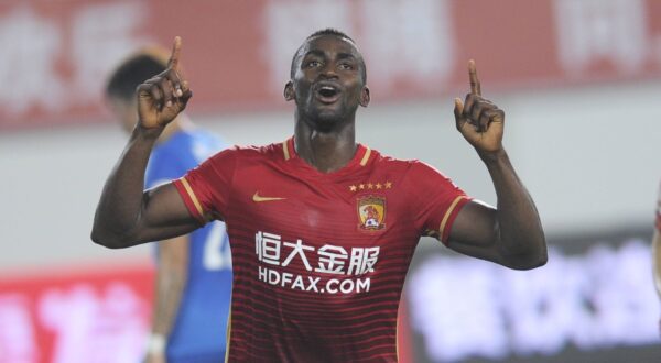 GUANGZHOU, CHINA - APRIL 01: (CHINA OUT) Jackson Martinez 9 of Guangzhou Evergrande celebrates a ball during the round three match of CSL Chinese Football Association Super League between Guangzhou Evergrande and Guangzhou R&F at Tianhe Stadium on April 1, 2016 in Guangzhou, Guangdong Province of China. CFP482013649