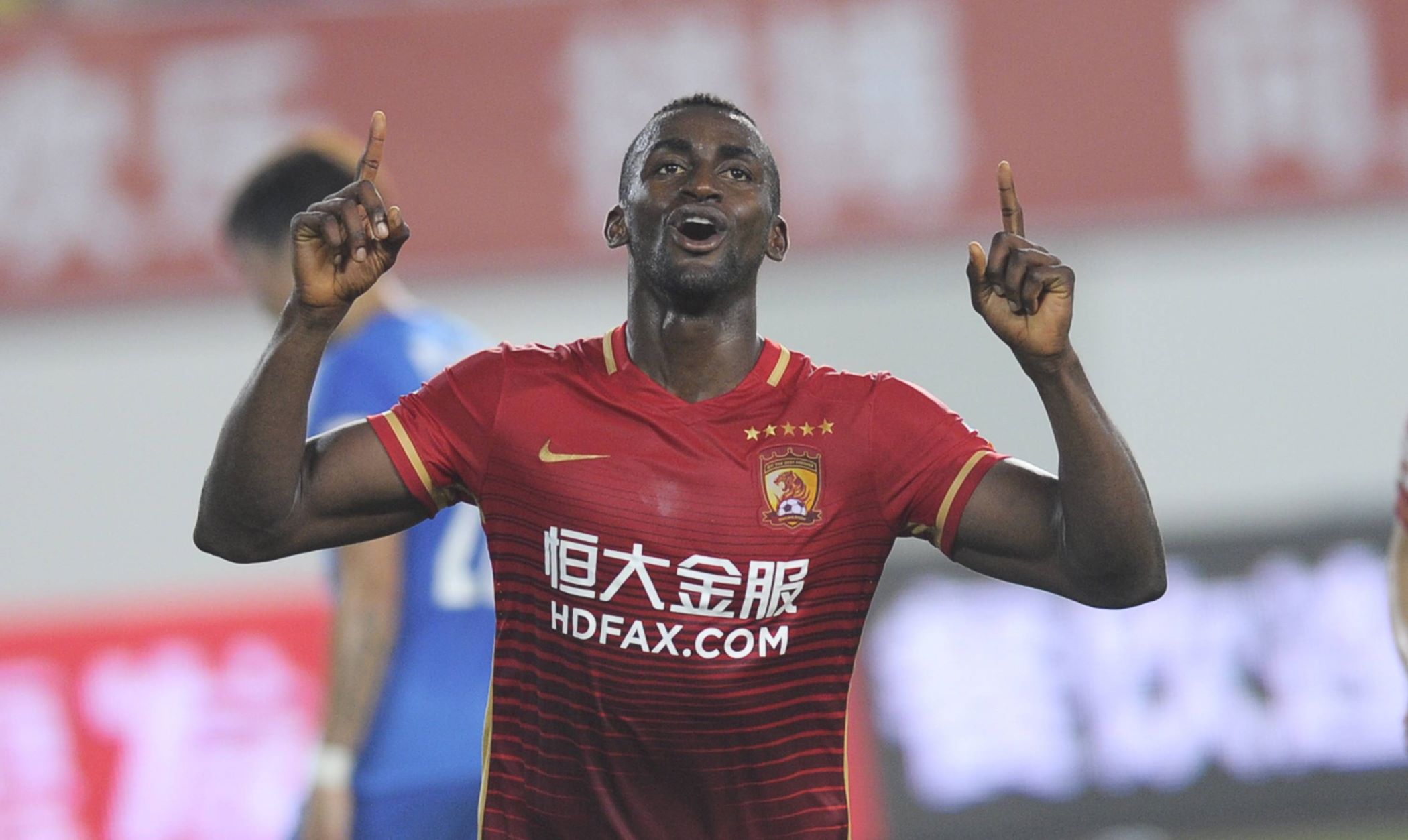GUANGZHOU, CHINA - APRIL 01: (CHINA OUT) Jackson Martinez 9 of Guangzhou Evergrande celebrates a ball during the round three match of CSL Chinese Football Association Super League between Guangzhou Evergrande and Guangzhou R&F at Tianhe Stadium on April 1, 2016 in Guangzhou, Guangdong Province of China. CFP482013649