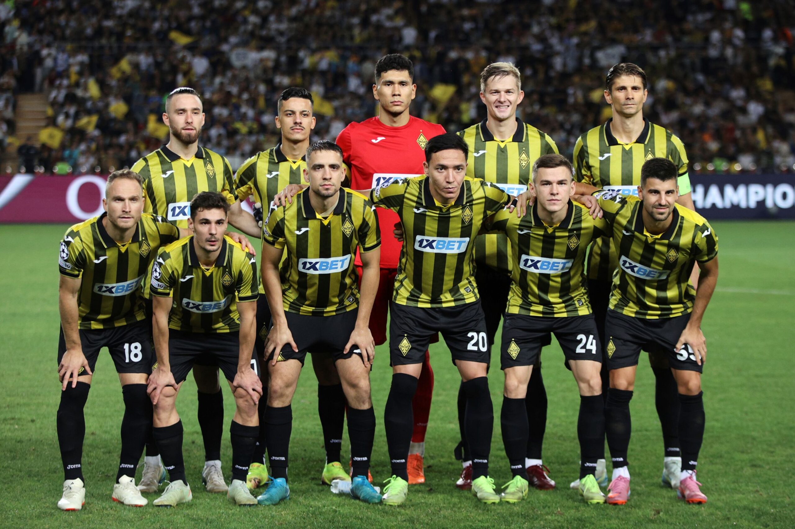 Kairat players pose before the Champions League playoff second leg soccer match between Kairat and Celtic at Ortalyk stadium in Almaty, Kazakhstan, Tuesday, Aug. 26, 2025. (AP Photo/Alikhan Sariyev) Kazakhstan Soccer Champions League
