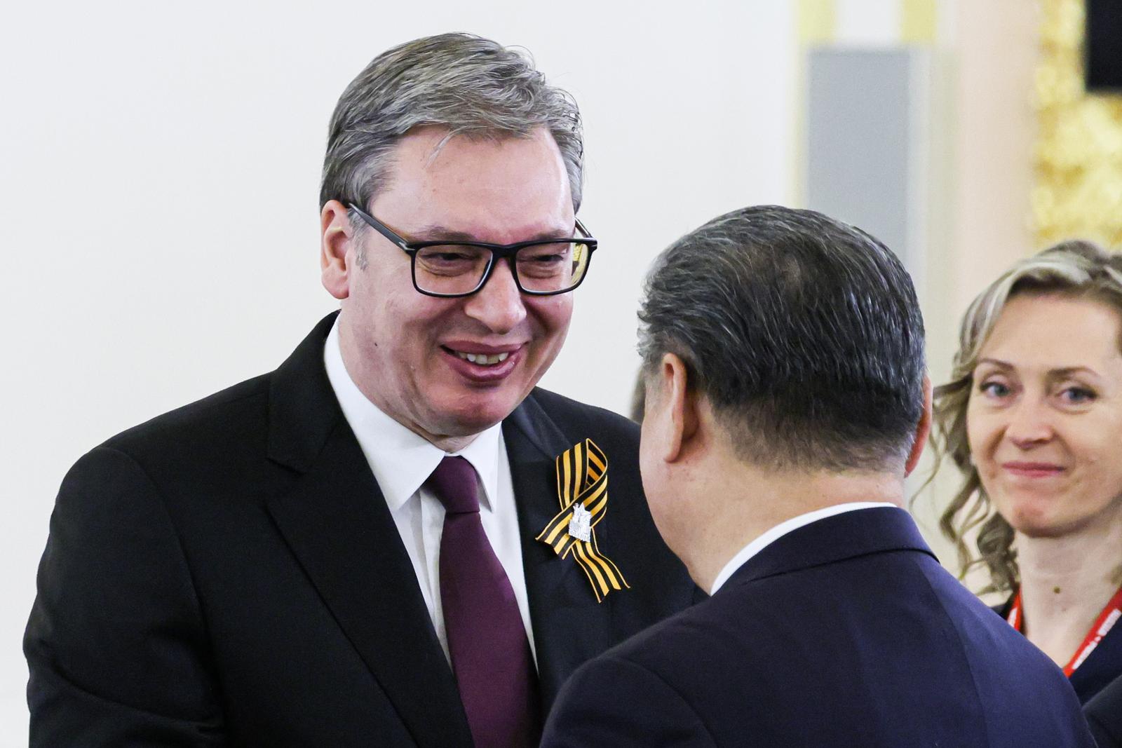 RUSSIA, MOSCOW - MAY 8, 2025: Serbia's President Aleksandar Vucic attends a dinner for the heads of foreign delegations attending celebrations marking the 80th anniversary of the victory over Nazi Germany in World War II. Mikhail Metzel/Russian Presidential Press and Information Office/TASS/Sipa USA Photo: Tass/SIPA USA